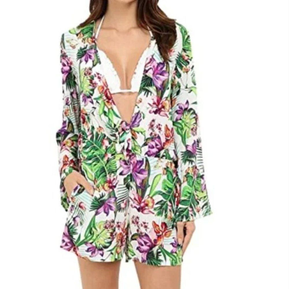 La‎ Blanca Romper Tropical Plunge Neck Bell Sleeve Beach Vacation Coastal Travel
